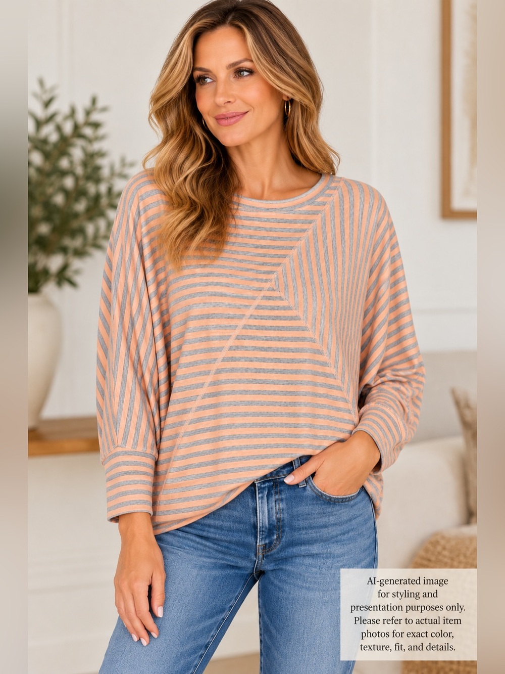 Michael Stars NWT Peach Gray Striped Dolman Sleeve Sweatshirt Top S